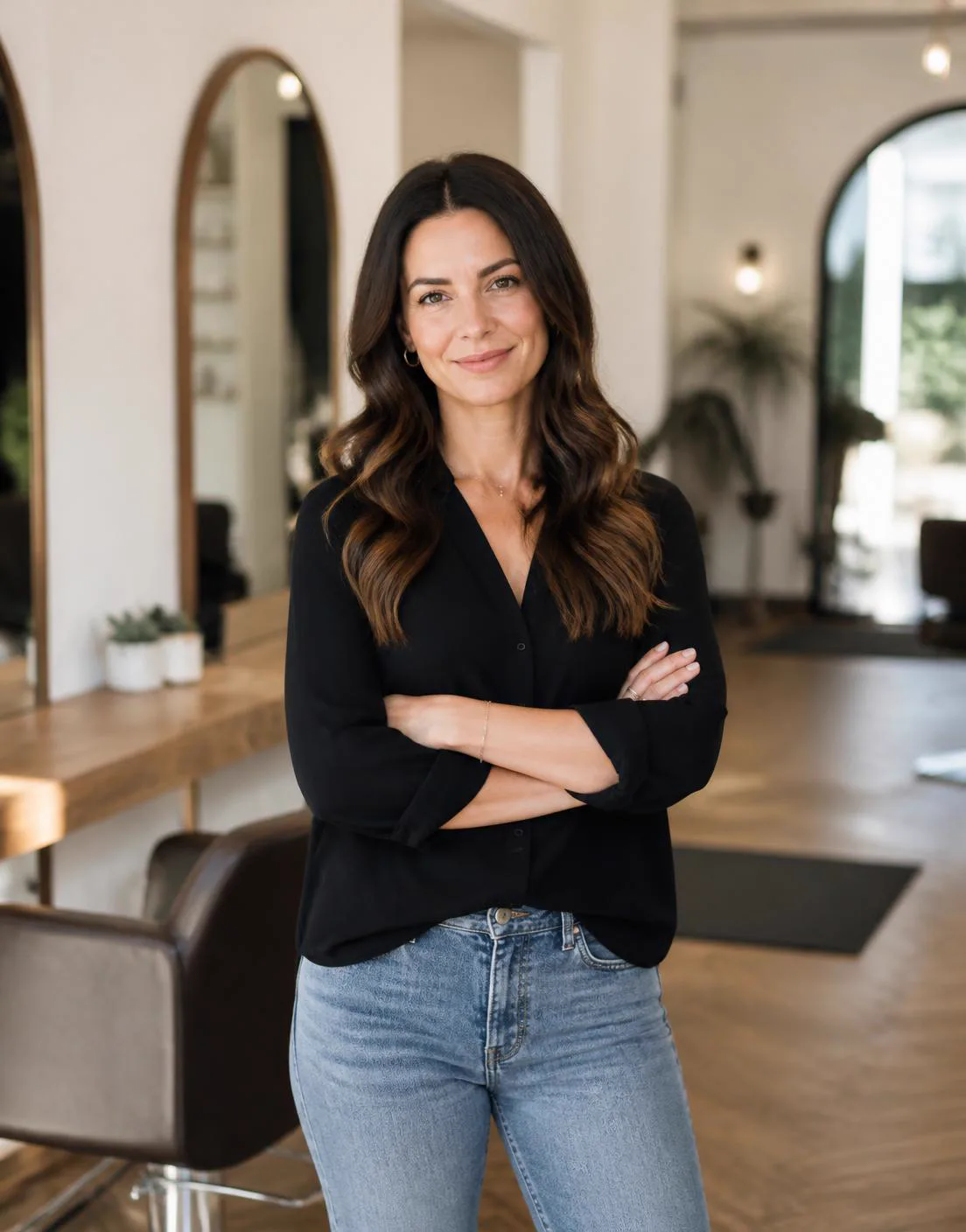 A Canadian salon owner standing confidently inside her salon