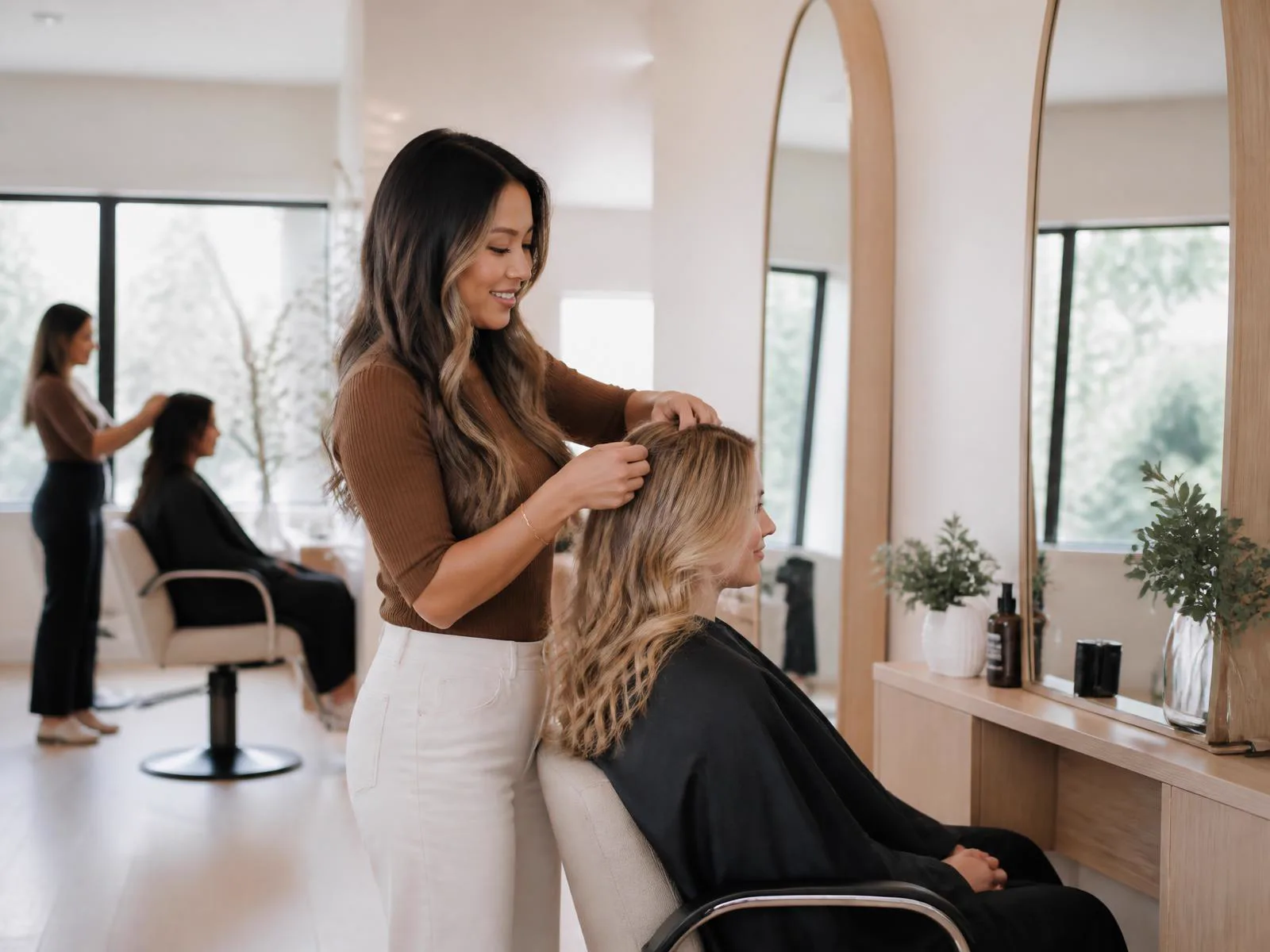 A stylist serving a client in a bright modern Canadian salon