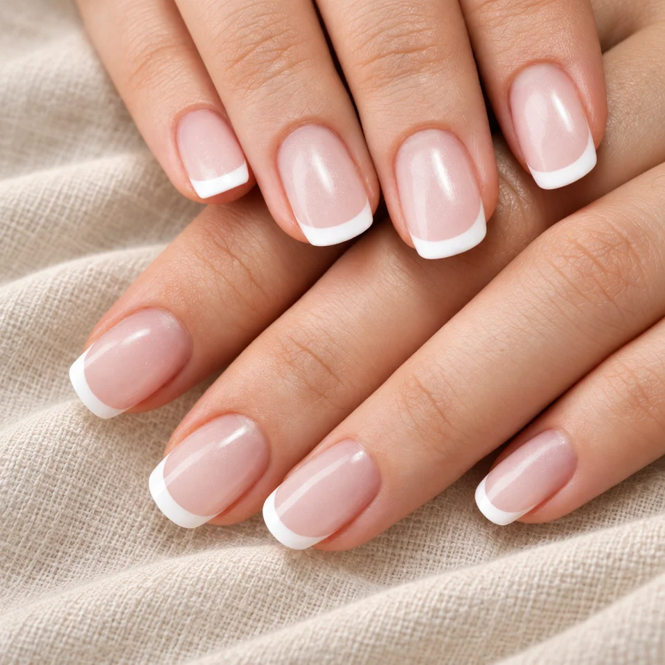 French manicure with white tips resting on warm ivory linen